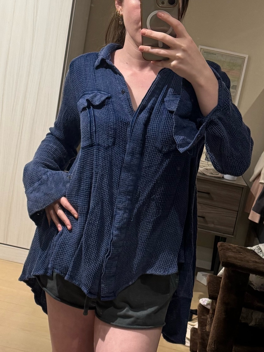 Free People Navy Blue Waffle Knit Button-Up Top